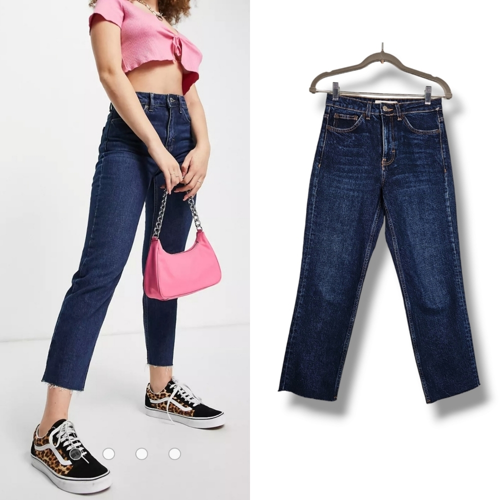 Topshop Raw Hem straight Leg High Rise Jeans in Indigo Size 26
